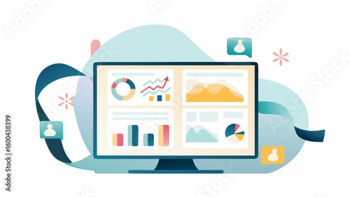 Desktop screen displaying various charts and graphs with abstract shapes surrounding it nicely