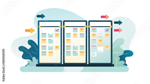 Illustration of three kanban boards with sticky notes and arrows indicating workflow direction