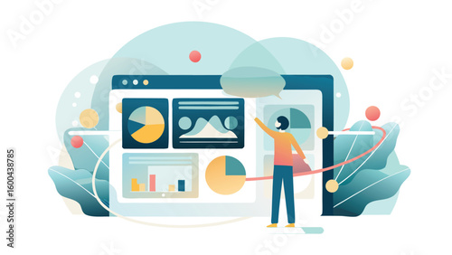 Person pointing at data dashboards with pie charts and line graphs on a large computer screen