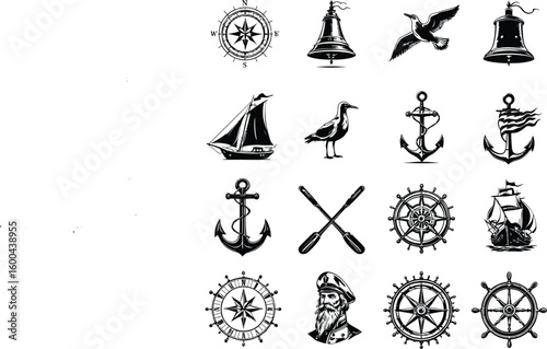 Black-and-White Vector Illustration of Nautical Icon Grid – 15-Item Maritime Silhouette Set