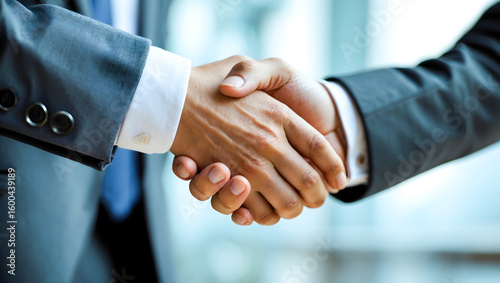 Close-up of two businessmen in suits shaking hands. A concept of agreement and consent in transactions. AI-Generated