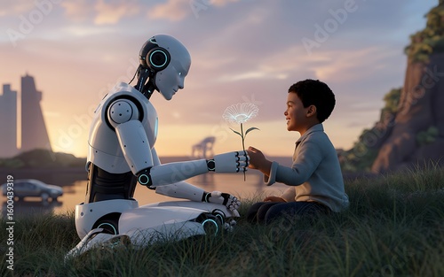 Robot giving glowing flower to smiling boy at sunset with futuristic city background android human