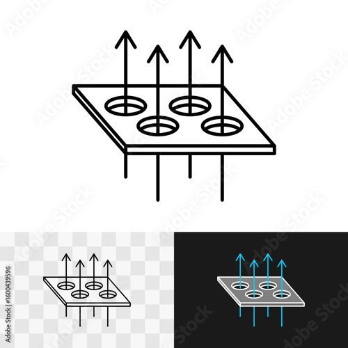 Flat surface with perforations that allows flow through the holes. Perforation icon. Dry membrane textile symbol. Evaporation of air sign. Editable stroke.