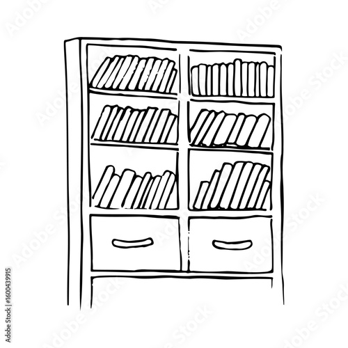 top of filled bookcase with open shelves - hand drawn line art