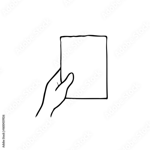 blank book cover frontal top view held by left human hand. book cover mockup - hand drawn line art