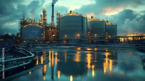 Industrial Complex at Twilight: Captivating Reflections by Night in a Modern Facility