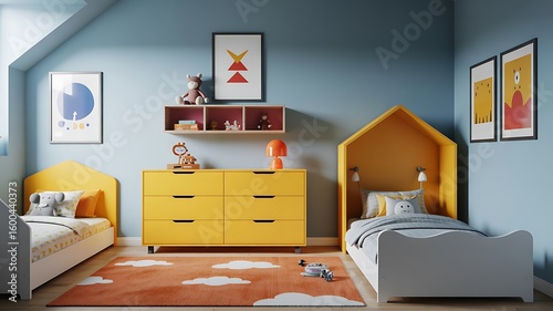 Two yellow and white children's beds in a blue room with orange cloud rug children's bedroom interior