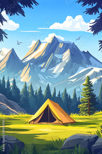 Scenic mountain landscape featuring a camping tent in a lush green meadow under a clear sky