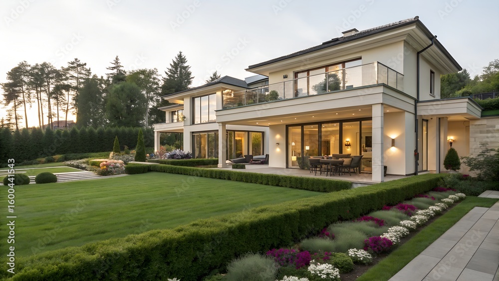 Fototapeta premium Modern two-story blue house with white trim and garage.