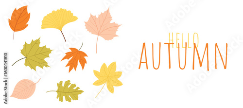Hello autumn banner with cute fall leaves and handwritten text. Simple seasonal composition with orange and yellow foliage. Vector illustration isolated on white background.