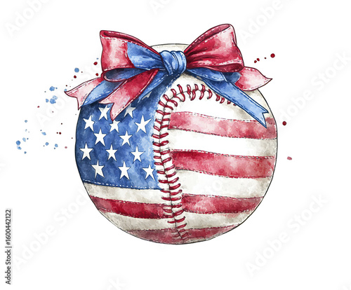 Patriotic baseball adorned with a festive bow, showcasing American pride in a watercolor design on transparent background