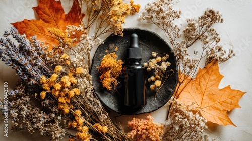 Autumnal Essential Oil Still Life with Dried Flowers and Leaves