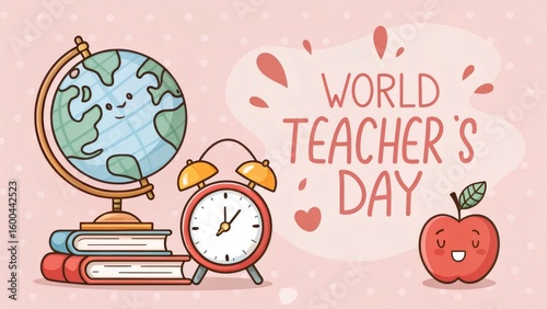 Cute cartoon illustration celebrating world teacher's day with globe, books, alarm clock and apple on a pink background