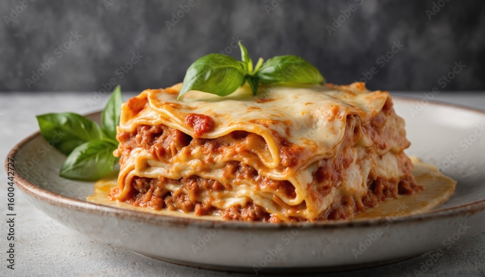 Fototapeta premium Classic Italian lasagna featuring layers of pasta sheets, rich Bolognese sauce, creamy bechamel, melted mozzarella cheese, garnished with fresh basil. Delicious, hearty portion of homemade comfort