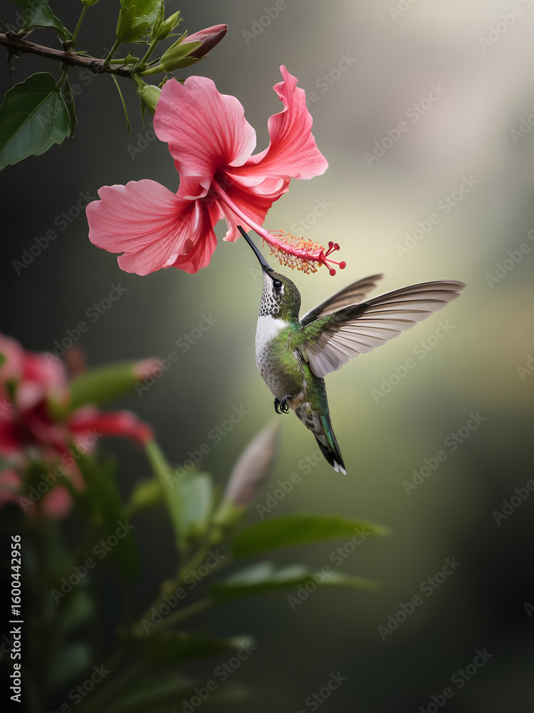 Fototapeta premium Hummingbird's Dance A Tiny Bird Soaring Gracefully to Sip Nectar from a Vibrant Pink Hibiscus Blossom in a Lush Garden