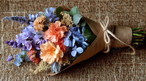 Colorful bouquet of dried flowers wrapped in kraft paper.
