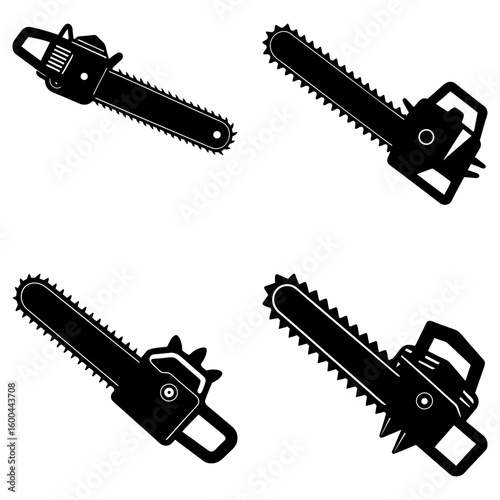 Four black chainsaw illustrations arranged in a square format on a white background graphic design