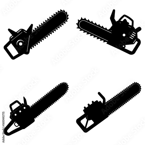 Four black chainsaw silhouettes with sharp blades arranged on a white background evenly spaced apart