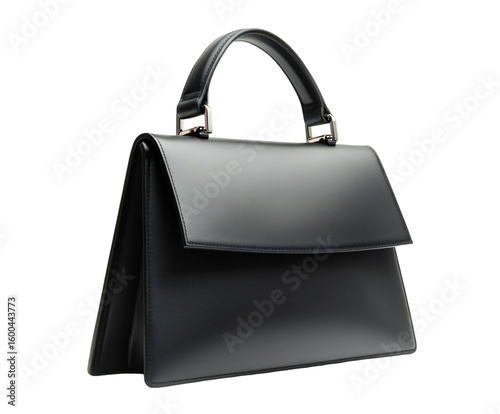 Photography Sleek black leather handbag featuring a structured design and clean lines isolated on transparent background