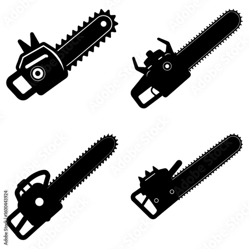 Illustration of four black chainsaw silhouettes arranged symmetrically on a white background view from different angles