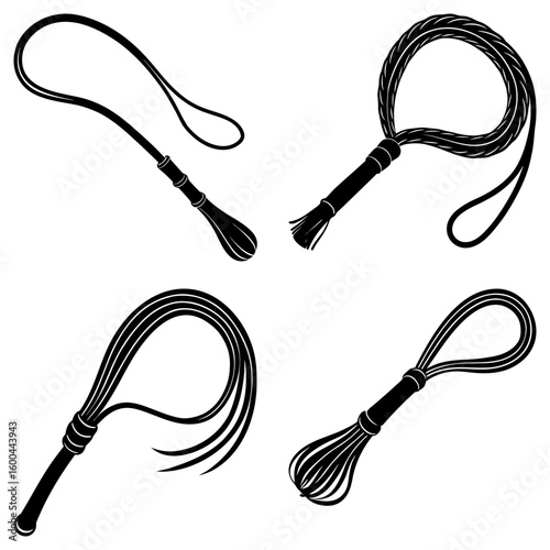 Illustration of four distinct black whips with varying designs and handle styles on a white background