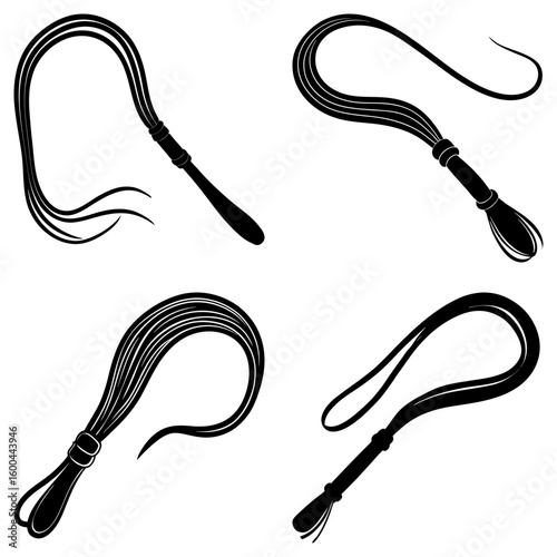 Four black and white illustrations of bullwhips with handles and multiple strands in different poses
