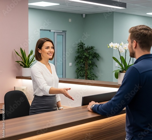 Smiling receptionist welcomes a visitor at a modern office reception desk.