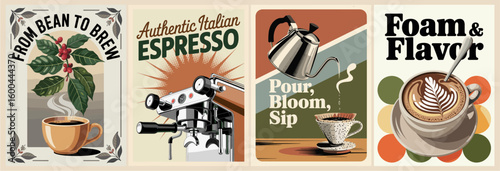 Set of retro coffee posters featuring coffee cups, espresso machines, and pots in mid-century modern style. Perfect for vintage kitchen wall art and café decor.