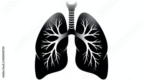 Black and white silhouette illustration of human lungs and bronchial tubes with medical detail