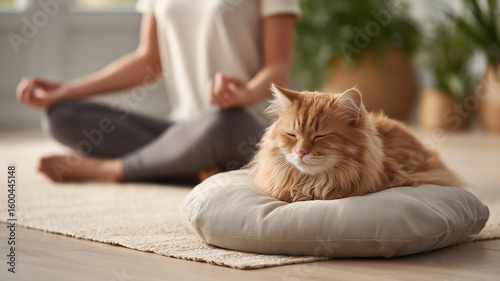 This person practices yoga while a cat rests peacefully nearby on a cushion.