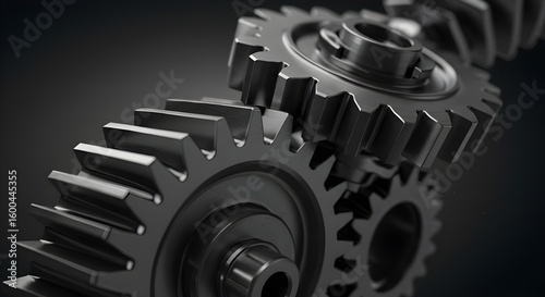 Close up of interlocking metal gears in a mechanical system against a dark background
