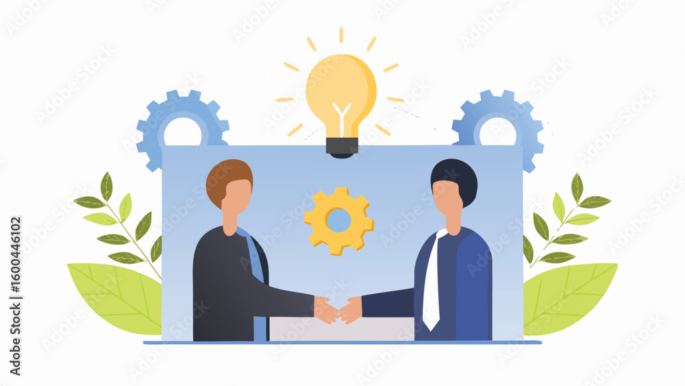 Illustration of two business people shaking hands with a lightbulb and gears above them in blue frame Illustration of two business people shaking hands with a lightbulb and gears above them in blue frame