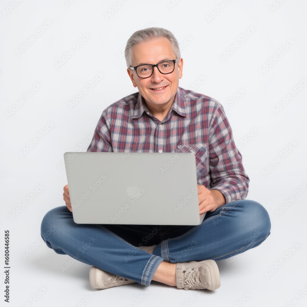 An elderly man in a checkered shirt and jeans, sitting cross-legged with a laptop on his lap, showing a kind and curious smile, on a white background An elderly man in a checkered shirt and jeans, sitting cross-legged with a laptop on his lap, showing a kind and curious smile, on a white background