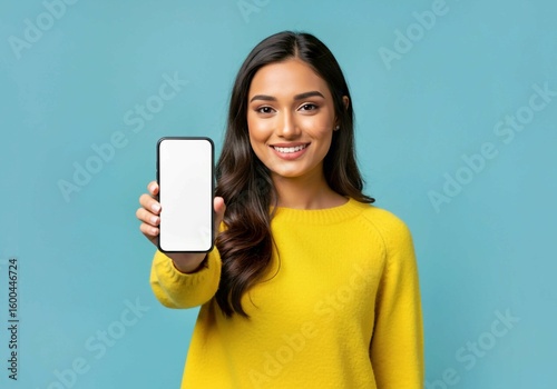 young woman with mobile phone, Young Indian woman presents blank smartphone screen. Happy girl shows device with empty display. Modern tech, app, design, advertising concept. Female holds mobile phone