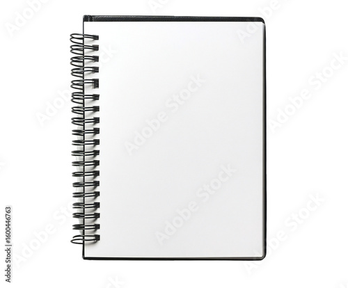 Open blank spiral notebook with black binding showcasing clean white pages, displayed on transparent background