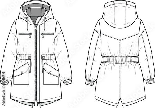 Technical fashion flat of women’s winter parka coat, front and back view, hooded design, vector outline, cad sketch illustration
