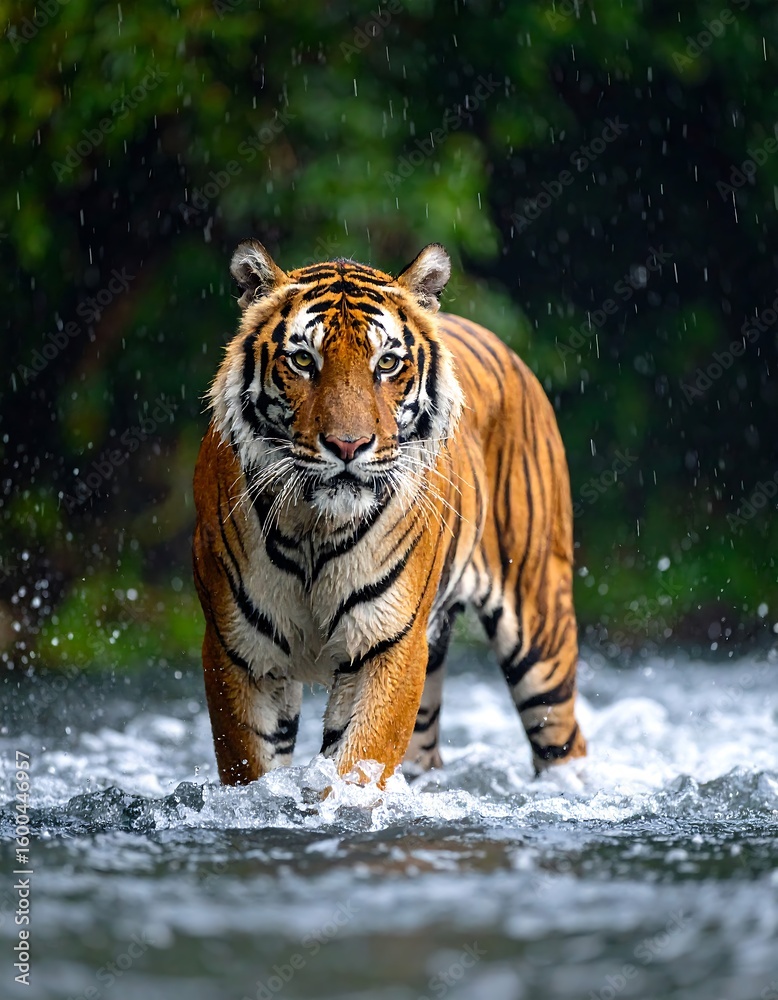 Obraz premium A tiger caught in a rainstorm with droplets on its fur