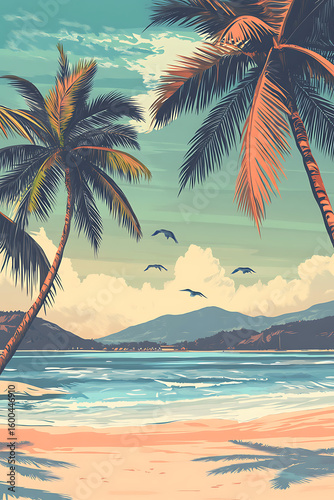 Serene beach scene with palm trees, distant mountains, and flying birds under a colorful sky