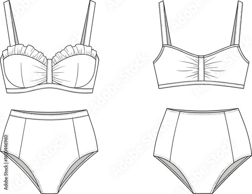 Women's lingerie technical flat, stylish bra and panty design, front and back CAD drawing, fashion apparel vector illustration