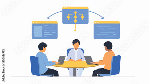 Illustration of three people sitting around a table with laptops and workflow diagrams above them