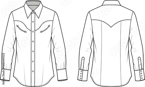 western cowboy shirt long sleeve button down front back view technical flat sketch cad drawing flat vector illustration
