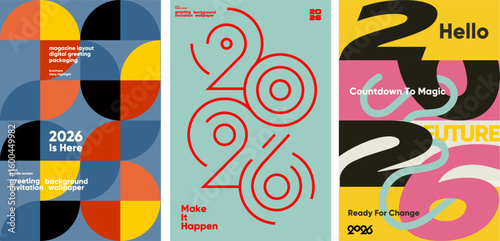 Vibrant and modern 2026 posters with geometric patterns, bold typography, and inspirational slogans for greetings, backgrounds, packaging, and creative digital use.