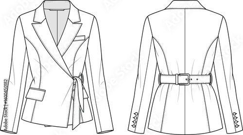Women belted blazer jacket technical fashion flat sketch front and back view, formal wear cad drawing flat vector illustration