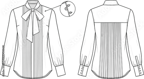Women pleated bow tie blouse technical flat sketch, front and back view, detailed CAD drawing flat vector illustration