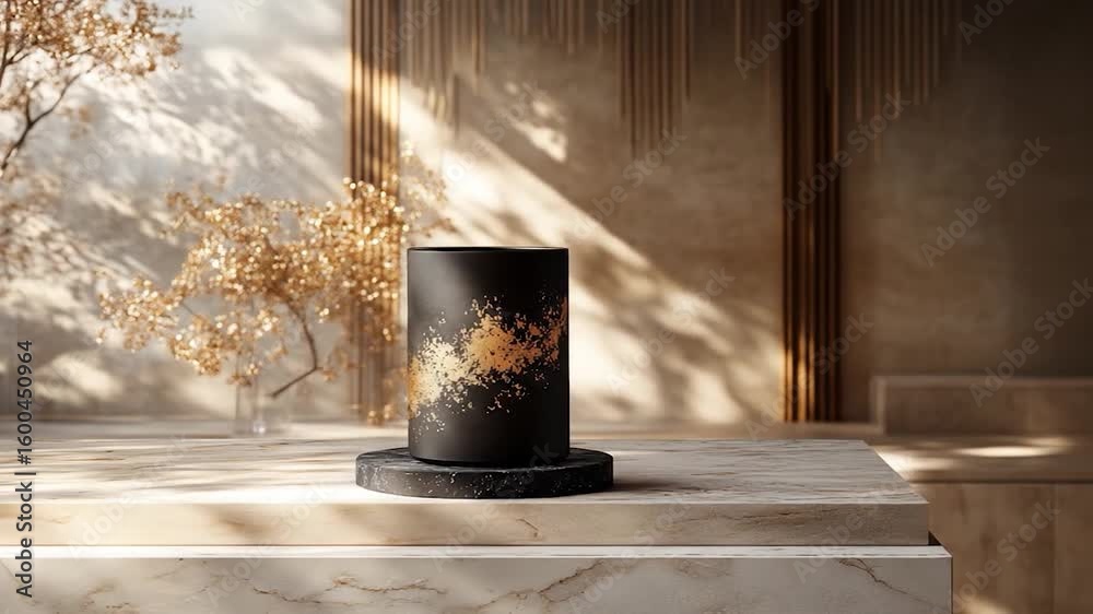 Black Candle with Gold Flecks on Marble Surface, Golden Branches and Sunlight