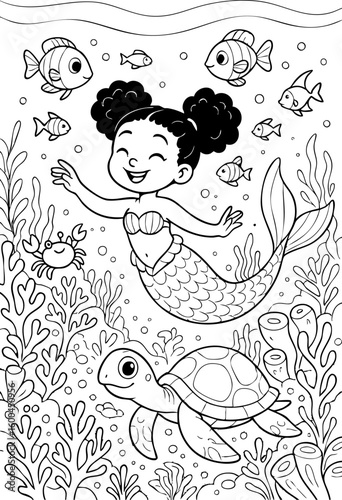 coloring page of a smiling mermaid girl swimming underwater with fish, turtle, crab and coral reef, joyful cartoon scene for kids in ocean world
