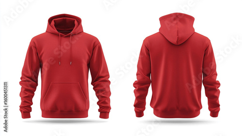 Set of red hoodies with front and back view isolated on white background