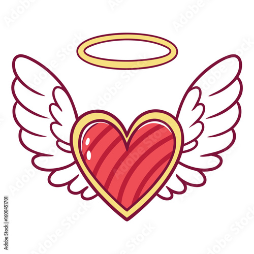 Red heart with white wings and yellow halo illustration love angel