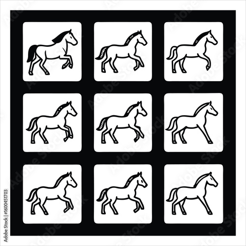 Nine stylized line art illustrations of horses in various galloping poses