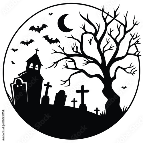 Spooky Halloween Cemetery Silhouette on a Circle